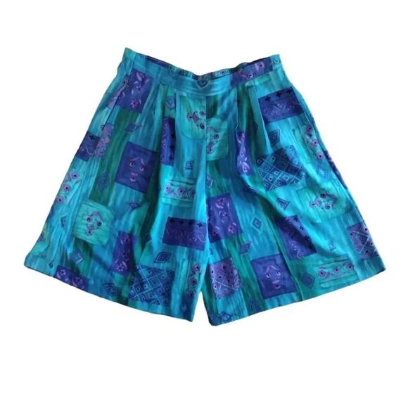 VTG 90s Turquoise Purple Printed Ultra High Rise Satin Mom Shorts Large - Picture 1 of 12